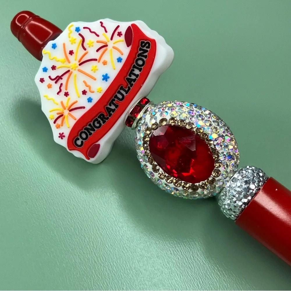 Red Congratulations Handmade Beaded Pen with Gemstone Accent